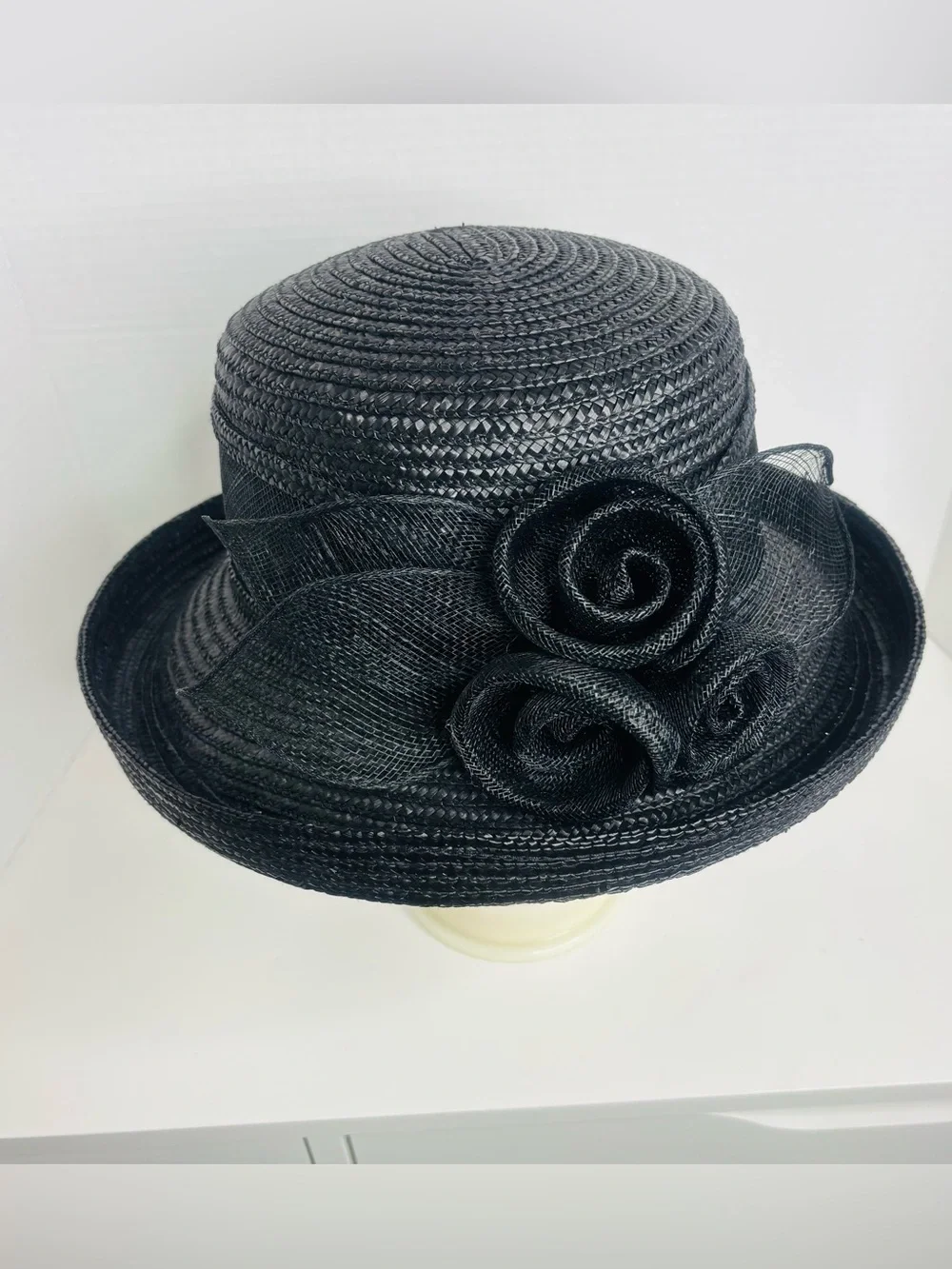 betmar Black Woven Dress Hat with Rosette Trio